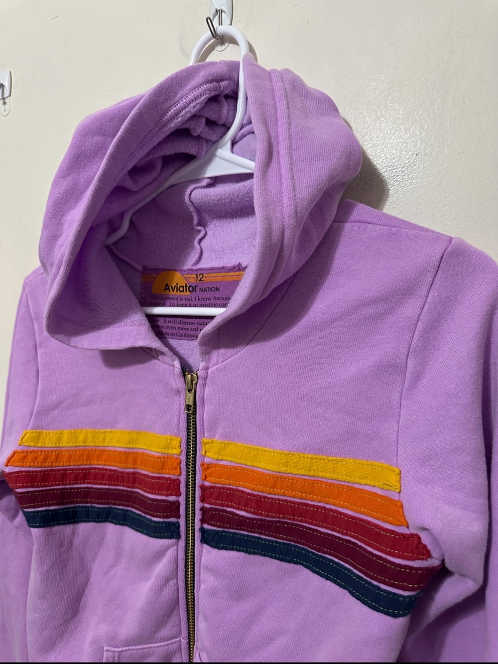 Aviator Nation Kids Size 12 Purple Rainbow Stripe Full Zip Hoodie Made in USA - Picture 10 of 14
